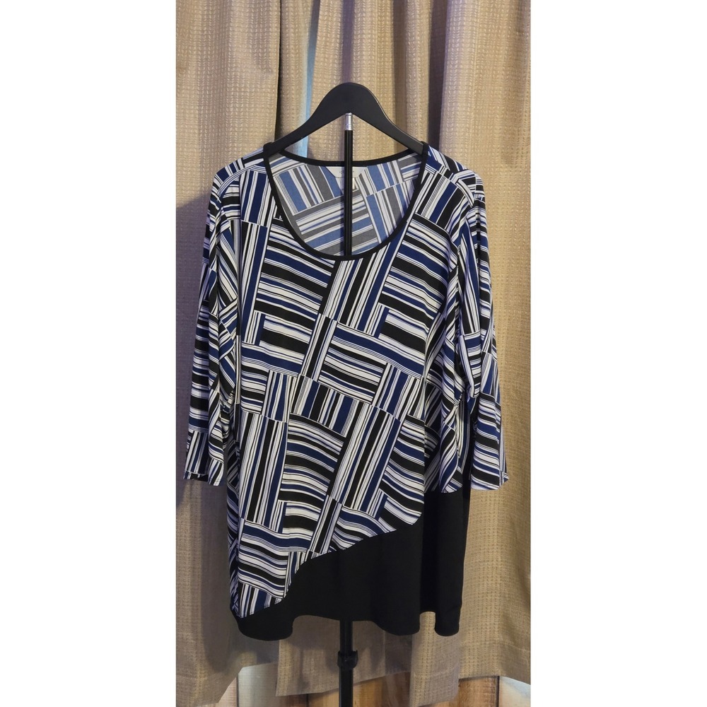 CJ‎ Banks Geometric Striped 3/4 Sleeve Blouse Women's Size 2X Blue Black White